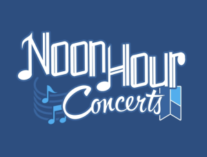 White text on a blue background reads "Noon Hour Concerts", with the Hamilton Public Library logo. Music notes are used to form some of the letters.